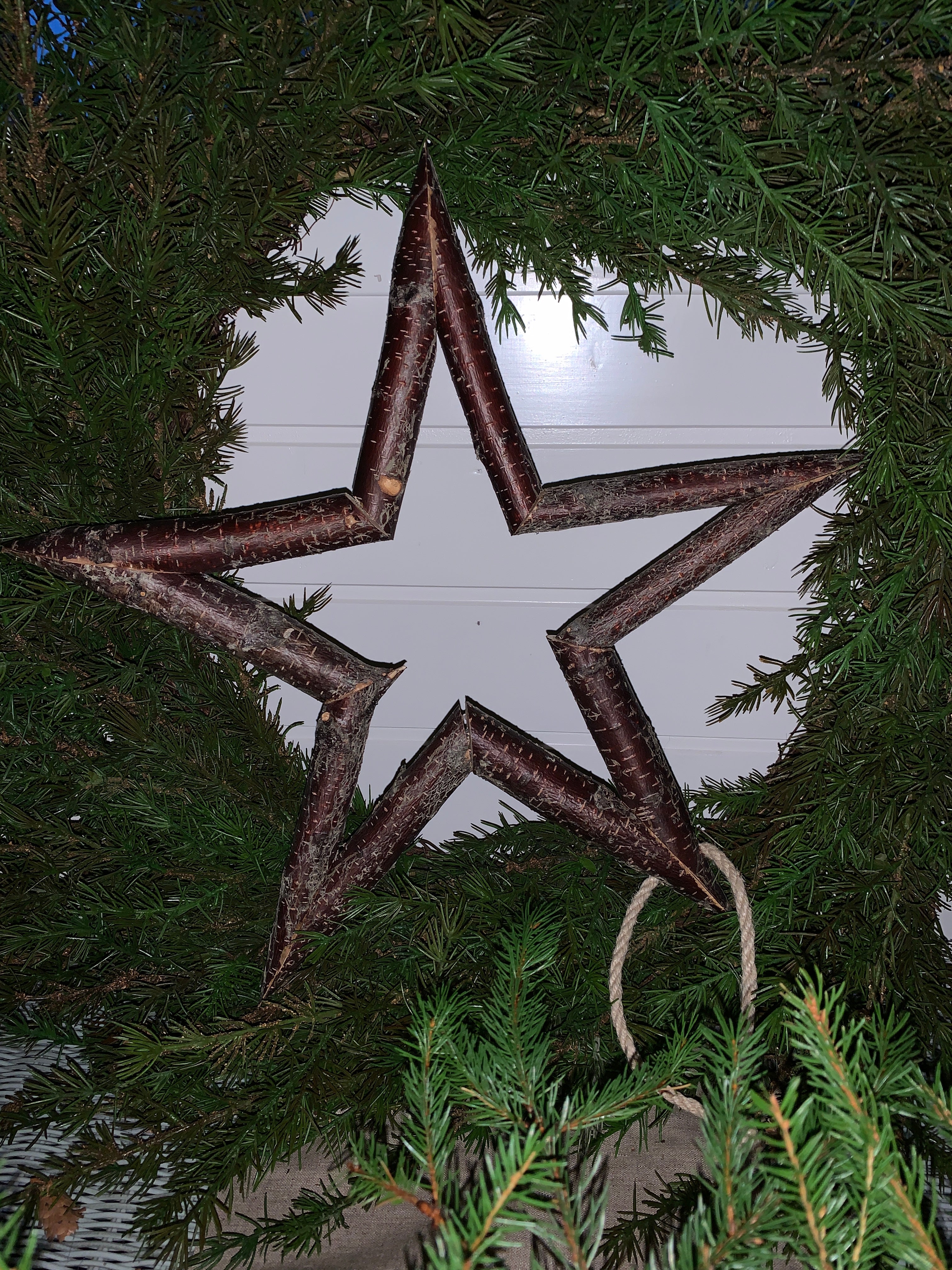 Stjerne i bjørketre med jutesnor